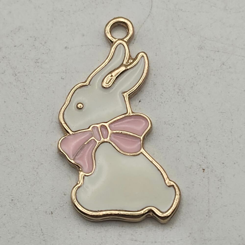 White Pink Enamel Bunny Rabbit Charm Gold Tone‎ Pendant Jewelry Making Supply